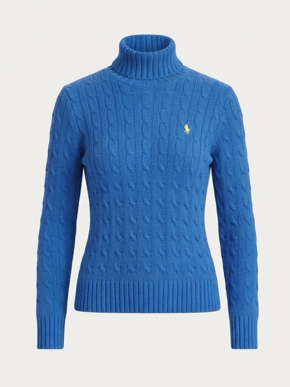 Ralph Lauren Blue Cable Knit Turtleneck Sweater w/ Yellow Pony